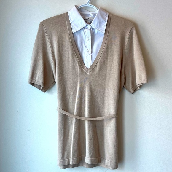 tradition Tops - Layered look professional preppy collared shirt knit tie waist Y2K retro